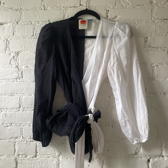 Farm Rio Anthropologie Colorblocked Wrap Blouse - BLACK & WHITE - small - Picture 3 of 5